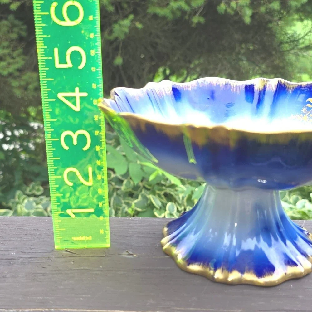 Antique Flow Blue Porcelain Pedestal Compote Bowl Gold Monogram A Scalloped